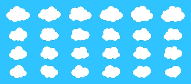 Большой набор иконок пушистых облаков в плоском стиле, выделенных на синем фоне Коллекция векторов облаков