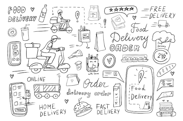 Big set of food delivery delivery order and deliveryman Healthy food and fast food Doodle style