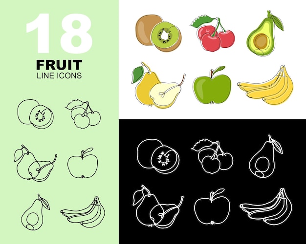 Big set of fruit icons black line white line icons and colored icons Templates print