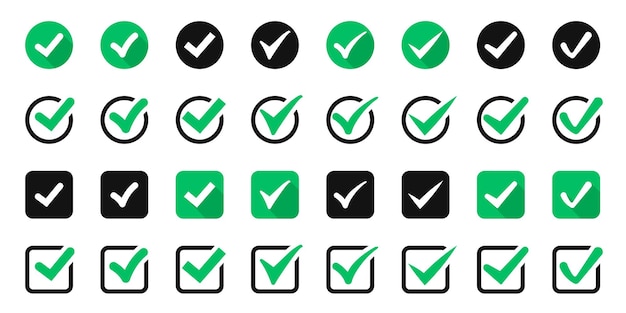 Big set of green check or tick icons for design