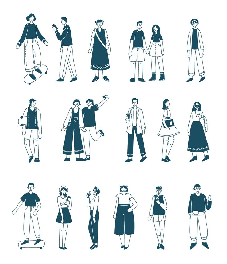多様なフラット漫画のキャラクターの大きなセットグループは、白い背景で隔離されて一緒に立っているさまざまなポーズの若い人々のカップルをスタイルします群衆の人々カジュアルな格好の服を着た男性女性ベクトル