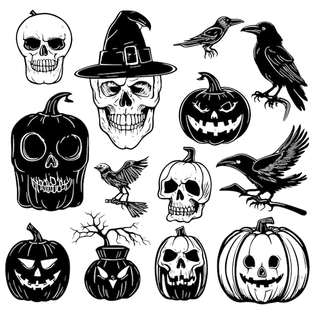 Vector big set of halloween sketch silhouettes on a white background vector illustration pumpkin raven and