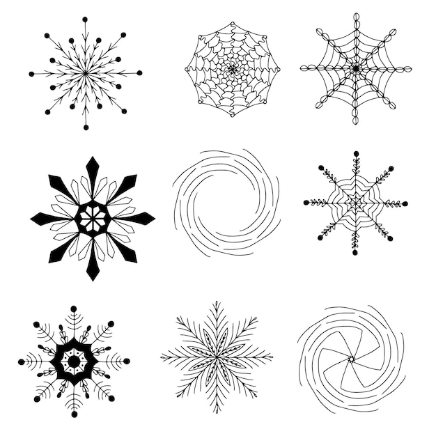 Big set of hand-drawn beautiful snowflake. decor element. monochrome. vector doodle