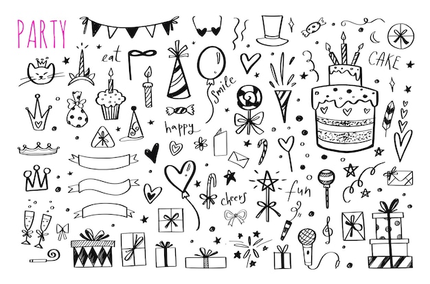 Большой набор рисованной элементов вечеринки по случаю дня рождения
