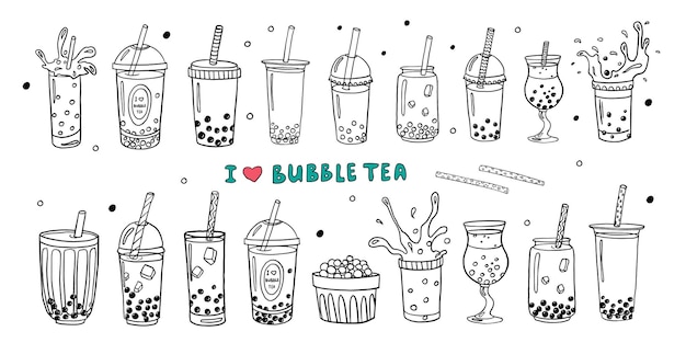 Big set of hand drawn bubble tea theme elements and lettering in doodle style Yummy drinks banner