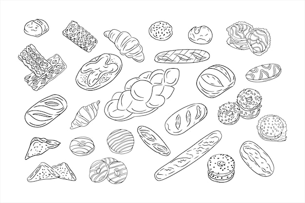 Big set of hand drawn doodle outline bakery Vector isolated pastries and braed such as croissant