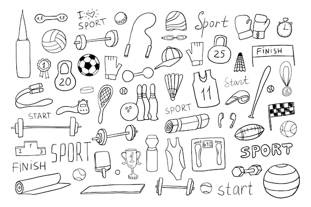 手描きのドードルスポーツアイコンの大きなセット スポーツ機器 バドミントン バスケットボール フットボール ボクシング