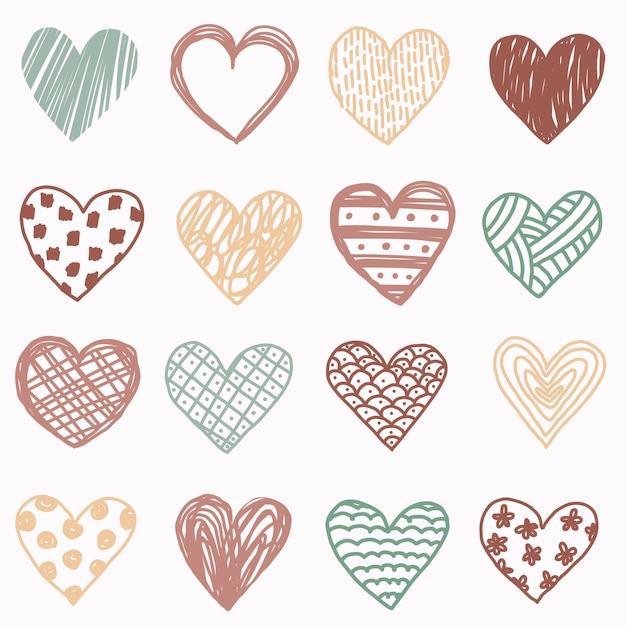 Big set of hand drawn heart. Hand drawn rough lines light green, pink and yellow sequins hearts