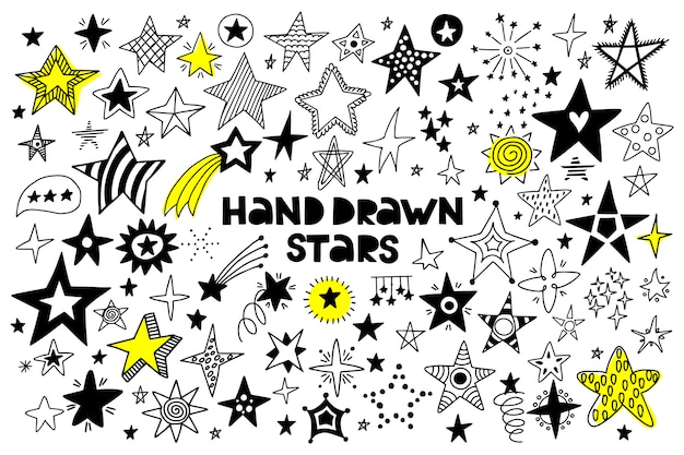 Big set of hand drawn stars on white