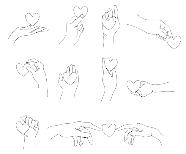 Большой набор рук одна линия с непрерывным сердцем, любовная свадьба, символ логотипа.вектор