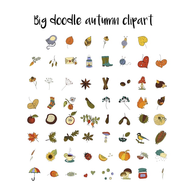 Big set of handdrawn unique autumn icons