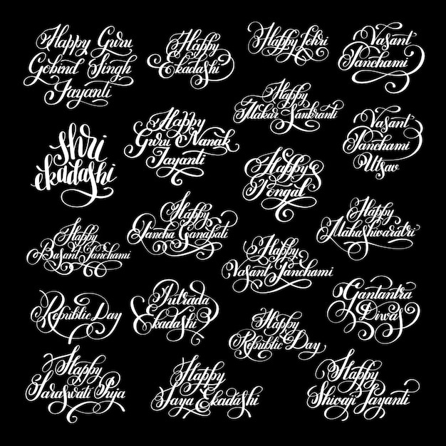 Big set of handwritten inscription ink lettering to indian winter holiday design