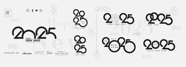 Big set of happy new year 2025 logo text designs new year 2025 number design template collection of happy new year 2025 logos illustration of numbers in black color and white background