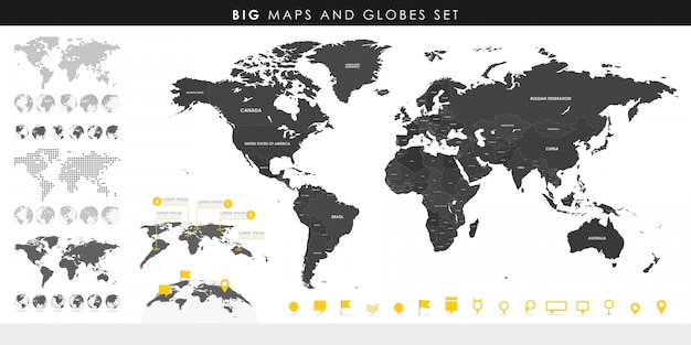 Grande set di mappe dettagliate e globi.