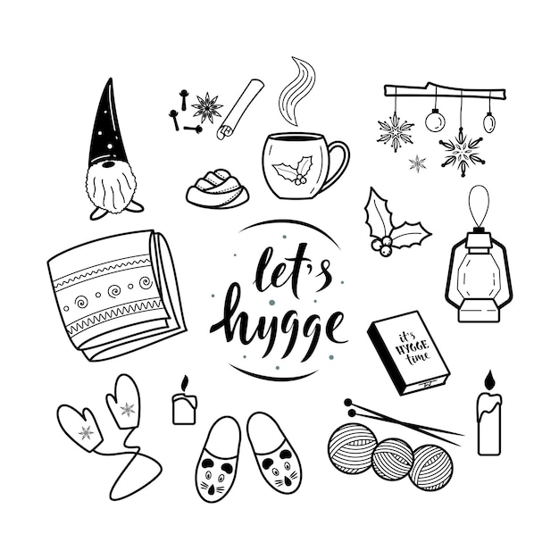 Big set of hygge lifestyle cozy elements let's hygge