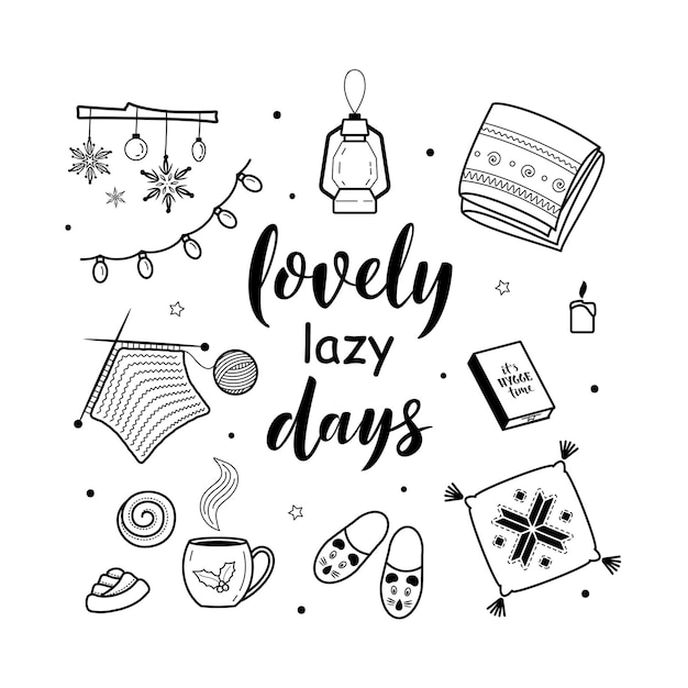 Big set of hygge lifestyle cozy elements lovely lazy days