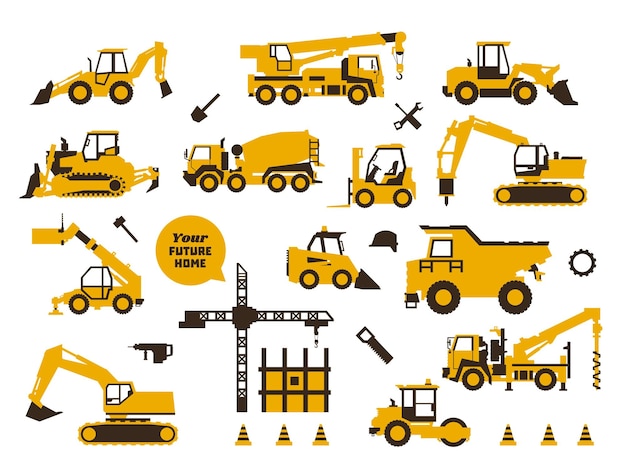 Vector big set of icons construction work building machinery special transport heavy equipment trucks cranes tractors excavators hydraulic equipment and tools saw drill shovel flat style