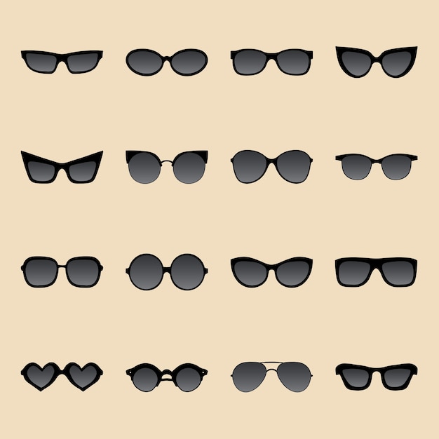 Big set of icons of different shapes sunglasses in flat style.