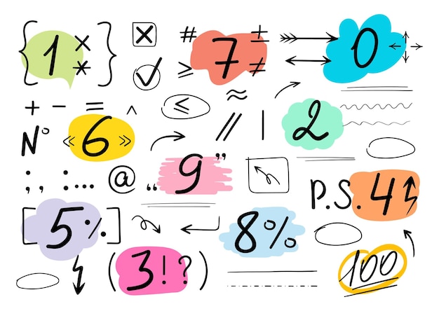 学校やビジネスの大きなセット アイコン数字記号矢印記号図形ストライプ手描き落書き