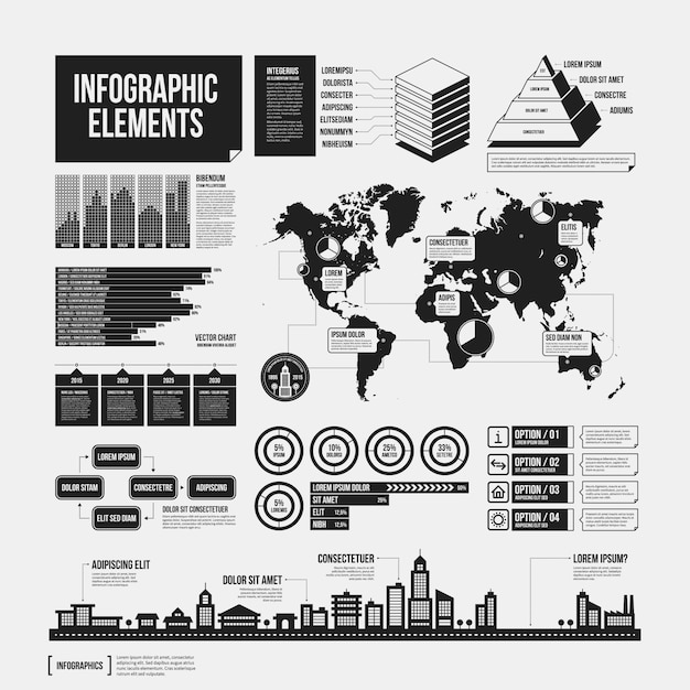 Vector big set of infographics elements in black and white colors. monochrome design. minimalistic style.