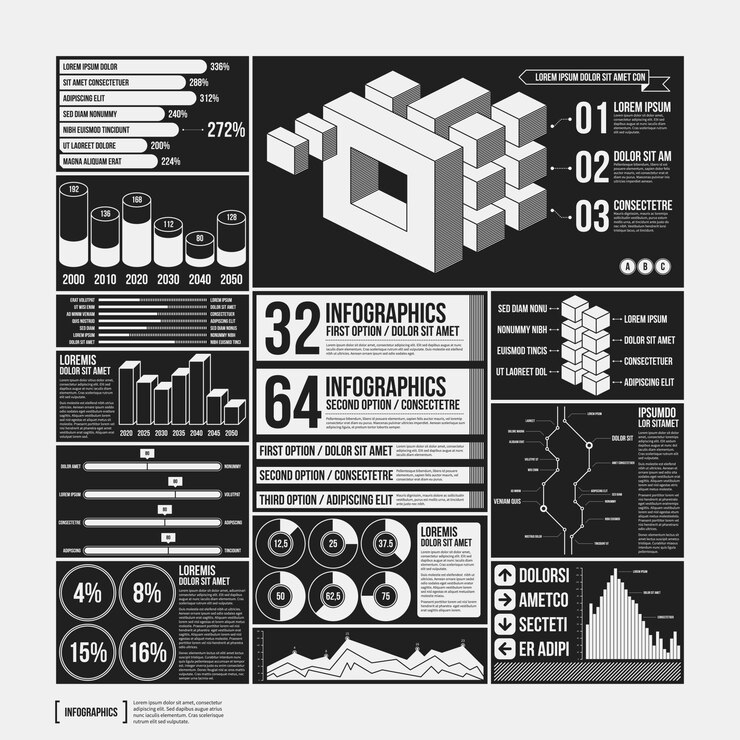 Vector big set of infographics elements in black and white colors. monochrome design. minimalistic style.