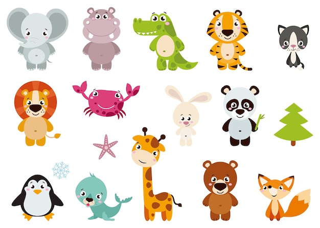 Vector big set isolated animals vector collection funny animals cute animals forest farm domestic