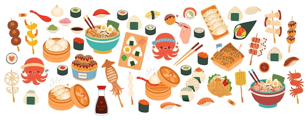 Big set of Japanese Food. Vector for stickers, postcards, notebook. japanese cafe, bar, restaurant