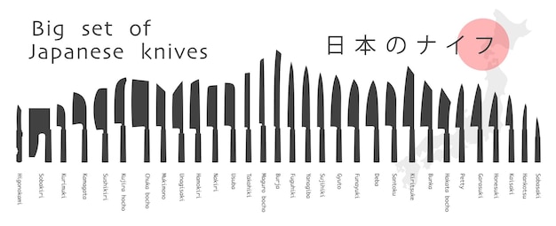 Vettore grande set di coltelli giapponesi silhouette di coltello su bianco illustrazione vettoriale