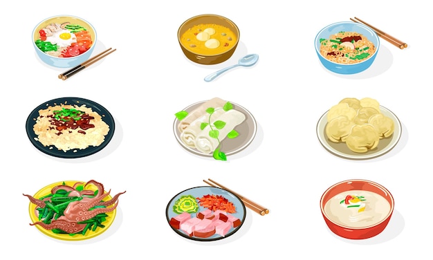 Big set of korean dishes in bowls