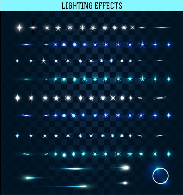 Большой набор изолированного эффекта освещения. Искры огня. Создает естественный реалистичный световой эффект. Волшебные яркие, Сияющие звезды блестящими пятнами. яркие светящиеся искры огня. векторная иллюстрация