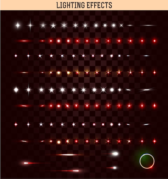 Grande set di effetti di illuminazione isolati. scintille di fuoco. sparks naturale effetto di luce realistica. magia brillante, macchie brillanti di stelle brillanti. brillanti scintille di fuoco. illustrazione vettoriale