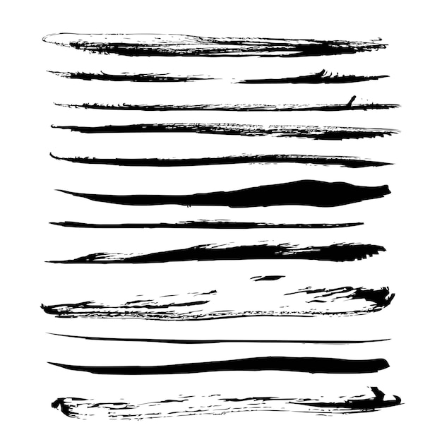 Big set of long black strokes texture in ink on white paper