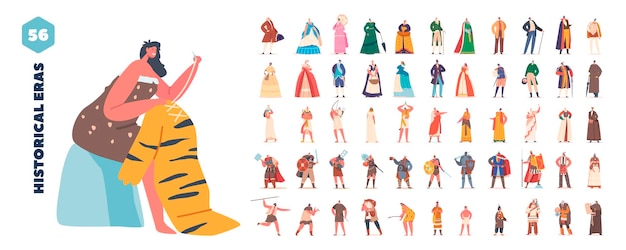 Vector big set male and female characters wear ancient costumes viking knight egyptian pharaoh victorian lady and gentleman