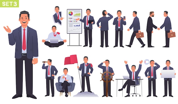 Big set of manager character Businessman or entrepreneur in different poses and actions Business man