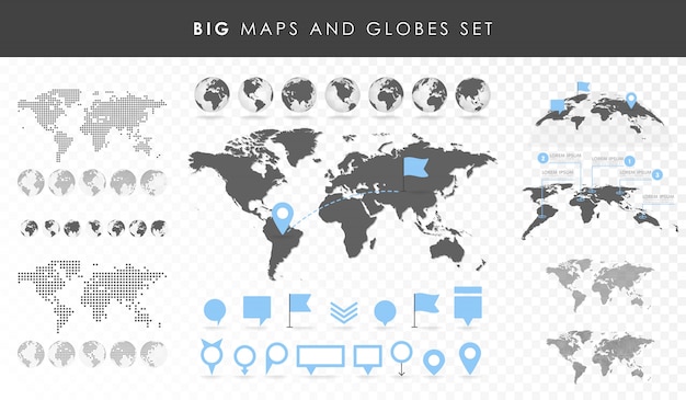 Grande set di mappe e globi. collezione di spille. effetti diversi. illustrazione vettoriale trasparente