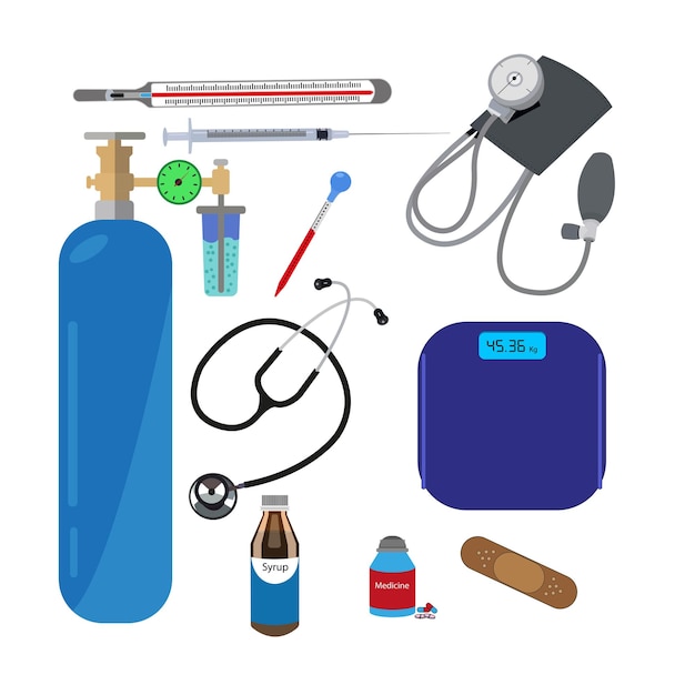 Grande set di attrezzature mediche e farmacia icon set medicina icon set stetoskop termometro siringa kit pressione sanguigna ecc banner in medicina e assistenza sanitaria illustrazione vettoriale