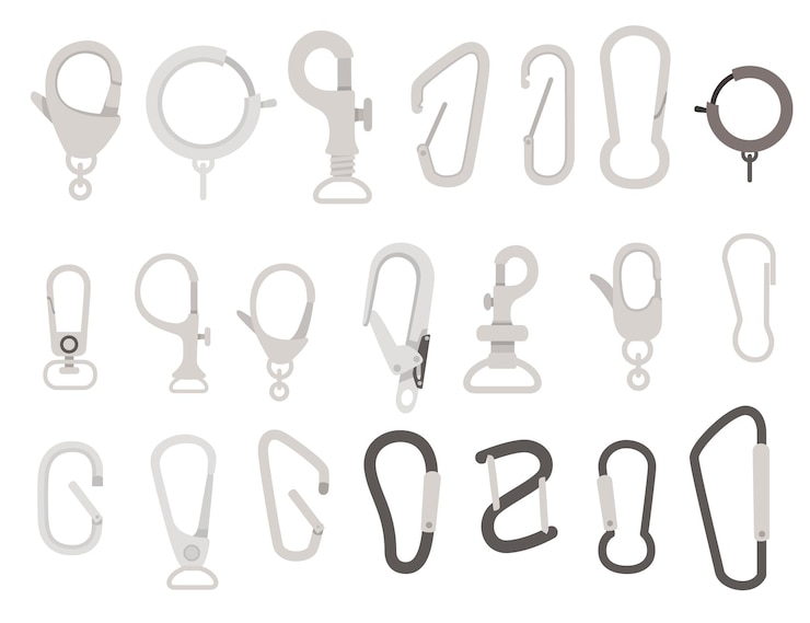 Big set of metal climbing carabiners and claw clasps alpine climbing equipment flat vector illustration isolated on white background