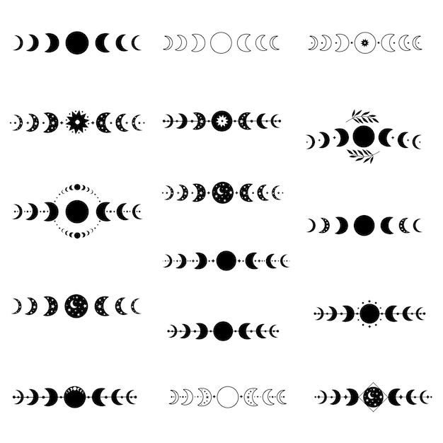 Big set of Moon phases Moon phases astronomy icon set Boho chic silhouette Celestial crescent