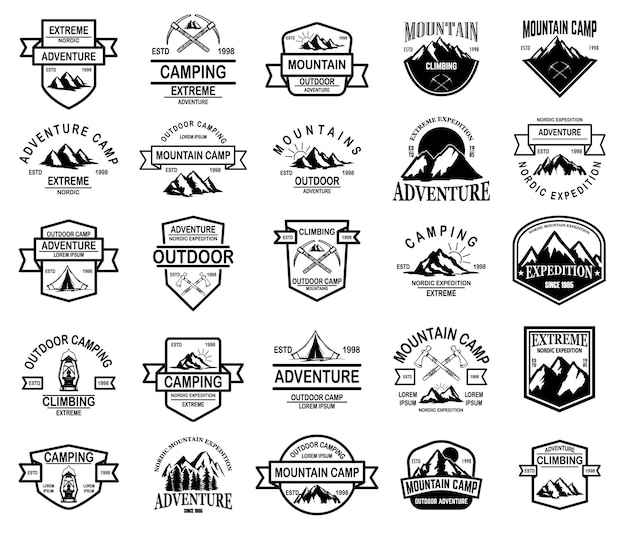 Big set of mountain camp, outdoor adventure emblems.