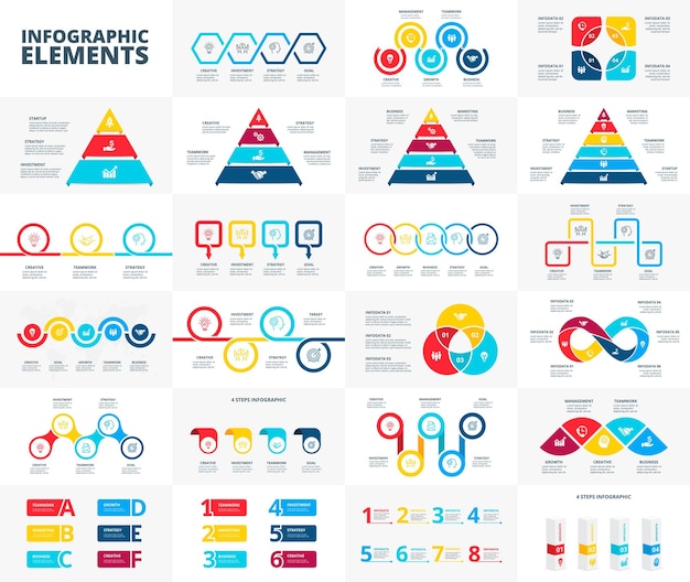 Большой набор многоцелевых инфографических элементов, пирамид, номеров, баннеров, циклических диаграмм и временных линий