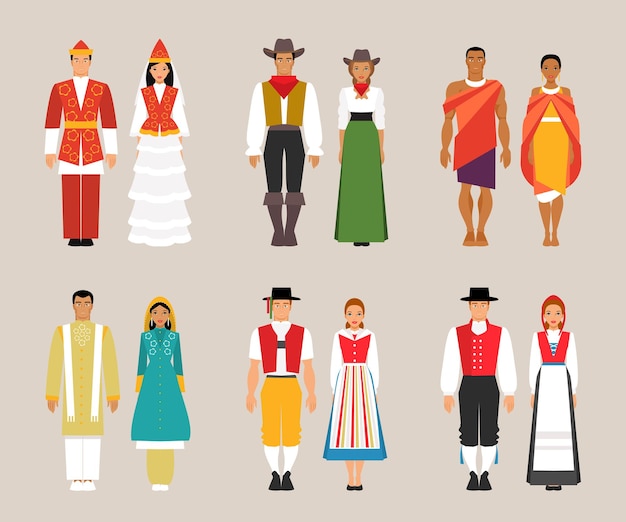 Vector big set of national costumes. kyrgyz, american and kenyan, pakistani, swiss and norwegian