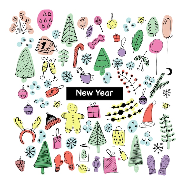 Big set of new year and xmas icons in color cute hand drawn vector illustration