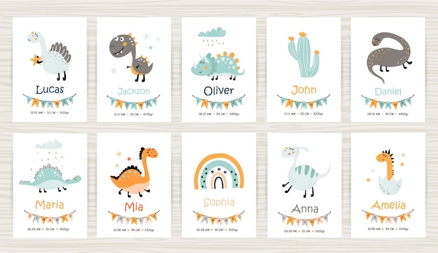 Vector big set of newborn metric with dinosaurs. height, weight, date of birth, name.