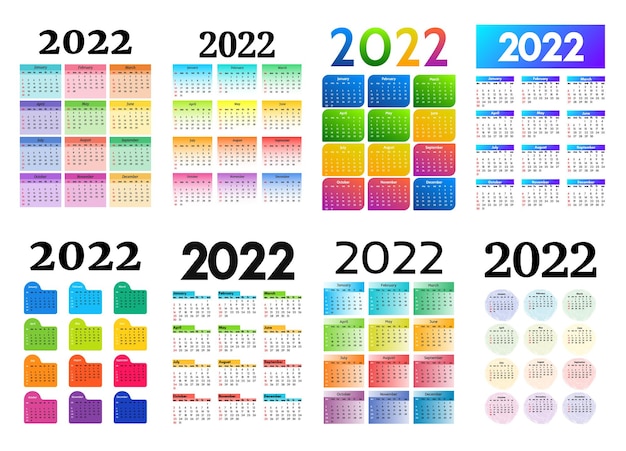 Большой набор календарей на 2022 год, изолированные на белом фоне. с воскресенья по понедельник, деловой шаблон. векторная иллюстрация