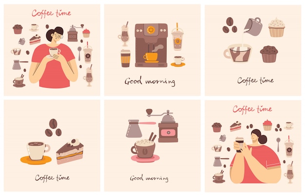 背景にコーヒーアートスタイルのカップを持つ女性の周りのコーヒーメーカー、カップ、ガラス、コーヒーグラインダーとカードの大きなセット。