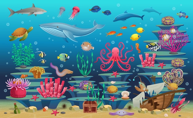 Большой набор коралловых рифов с водорослями тропических рыб, кита, осьминога, черепахи, медузы, акулы, рыбы-удильщика, морского конька, кальмаров и кораллов. иллюстрация.