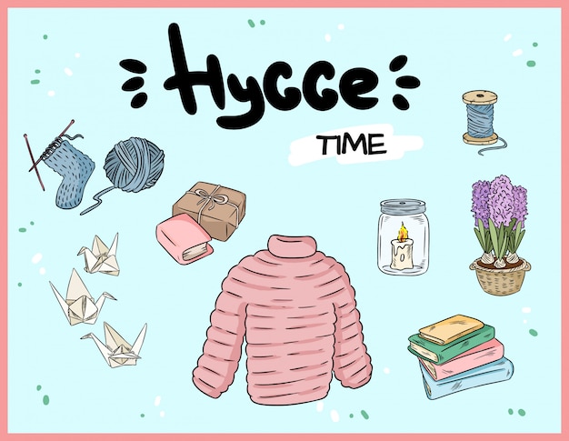 귀여운 Hygge 스티커 낙서의 큰 집합입니다.