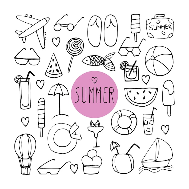 여행 가방, 슬리퍼, 선글라스, 비행기, 칵테일, 모자, 라이프라인, 요트, 풍선, 생선, 아이스크림으로 손으로 그린 큰 여름 낙서. 흰색 바탕에 벡터 여행 삽화입니다.