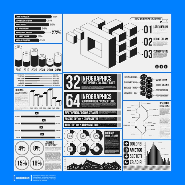 ベクトル 青い背景に黒と白の色のinfographics要素の大きなセット。モノクロデザイン。ミニマルスタイル。