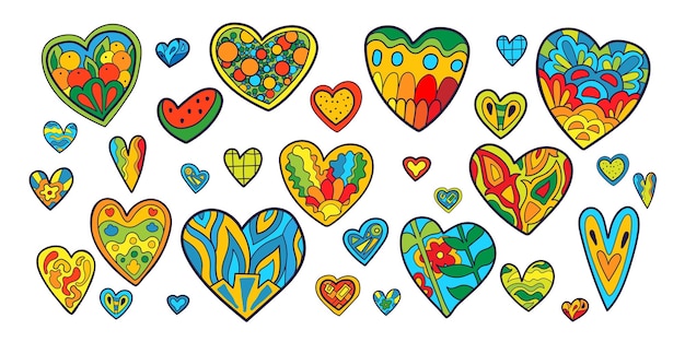 Большой набор психоделических сердец в стиле бохо, цветных радужных наклеек на день святого валентина вектор